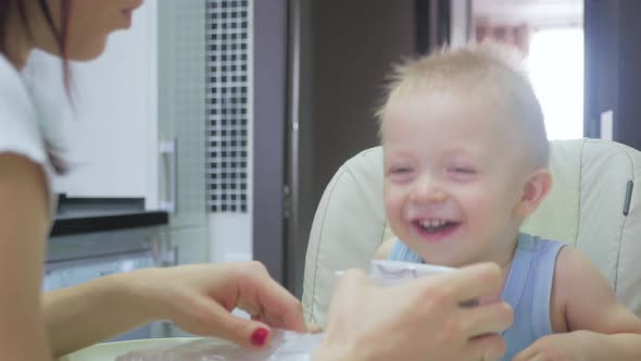 Mother Feeding Her Baby Son with Spoon. Mother Giving Healthy Food To Her Adorable Child at Home alt