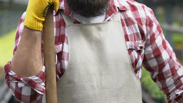 Male Gardener Looking Camera Leaning Shovel, Countryside Work, Agriculture