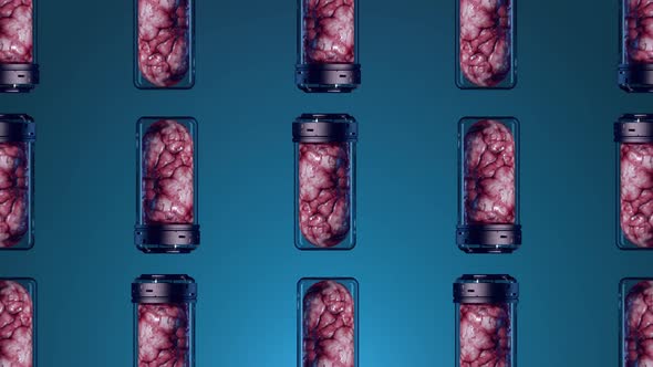 mind data storage. capsule with artificial brain inside on a uniform blue alt