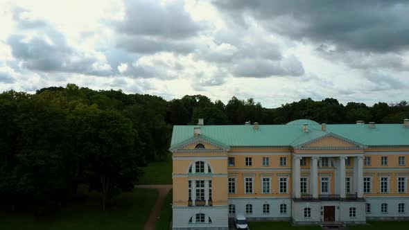 Stork on the Roof of  the Old Mezotne Castle. Aerial Dron Shot. alt