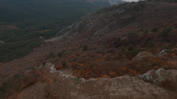 Aerial Shot Group Backpackers Standing on Top of Mountain Ai Petri Natural Valley with Sea at Sunset alt