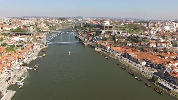 Aerial View of River Douro Surrounded by the Cities of Porto and Vila Nova de Gaia, Portugal alt