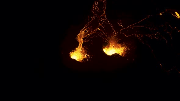 Fiery Lava Flowing From The Crater Of An Active Volcano During Eruption. close up, aerial alt