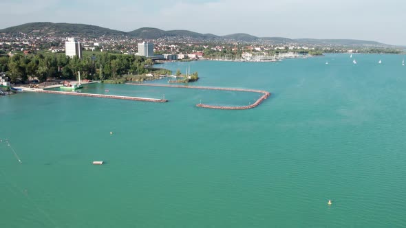 Aerial View of Lake Balaton in Hungary Coast of Balatonfured Sunny Day alt