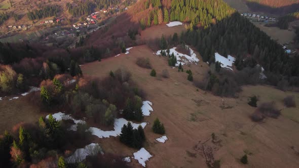 Aerial Drone View of Forest and Meadows in Spring in a Mountain Wooded Village