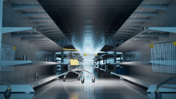 The camera moving towards trolley between empty store shelves. Nothing to buy. alt