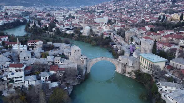 Aerial Drone View Of City Of Old Bridge And Neretva River In Mostar