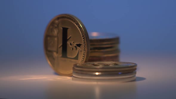 Gold Digital Coin Litecoin Rotate on White Surface Surrounded By Many Other Cryptocoins. Gradient alt