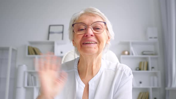 Old woman with grey hairstyle in glasses waves hands talking to close friend at online video alt