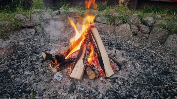 Close Up Of Burning Campfire In Safety Place In The Evening