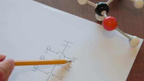 Person studying a chemical formula to insure accuracy . alt