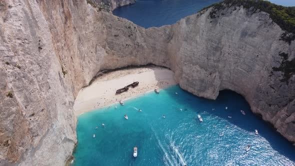 Aerial view of Zakynthos Zante beach with people and the wreck alt