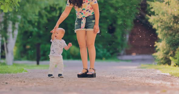 Pretty Baby Stands with Her Mother By the Handle for a Walk in the Summer alt