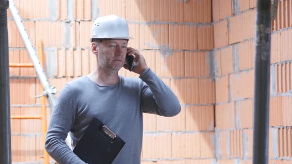Serious Adult Construction Worker Helmet Speaks on Telephone