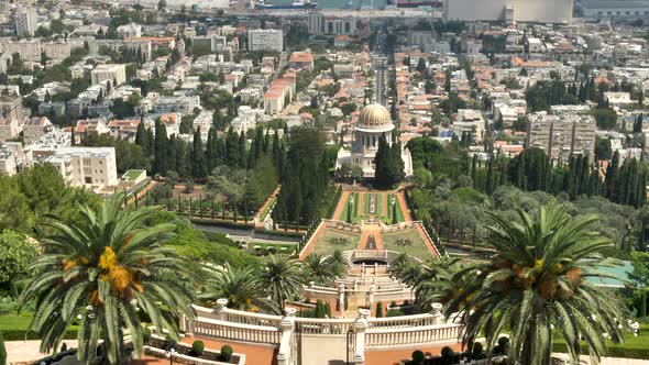 Bahai Shrine and Gardens upper terraces panorama, Mount Carmel Haifa alt