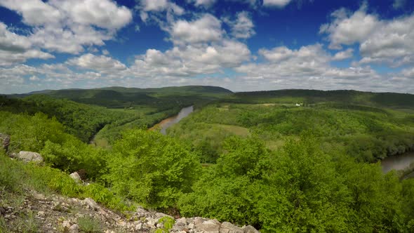 Beautiful view of spring in the Appalachian mountains of West Virginia and Maryland as clouds float alt