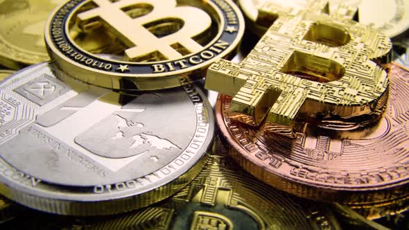 Bitcoins Close Up Cryptocurrency Rotating Background.