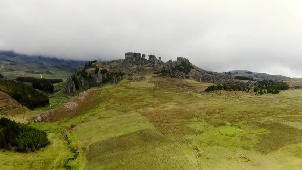 Green Lowland With Cumbemayo Stone Forest Archaeological Site Near Cajamarca In Peru. Aerial Drone alt