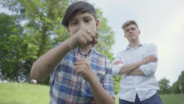 The Boy Punching Air Looking in the Camera in the Summer Park. His Father of Older Brother Standing alt