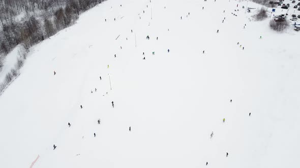 Panoramic Top View From Drone on Cable Way in Ski Resort