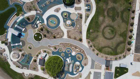 Overhead perspective of a newly constructed interactive play area with lots of different shapes.