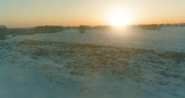 Aerial Drone View of Cold Winter Landscape with Arctic Field, Trees Covered with Frost Snow and alt