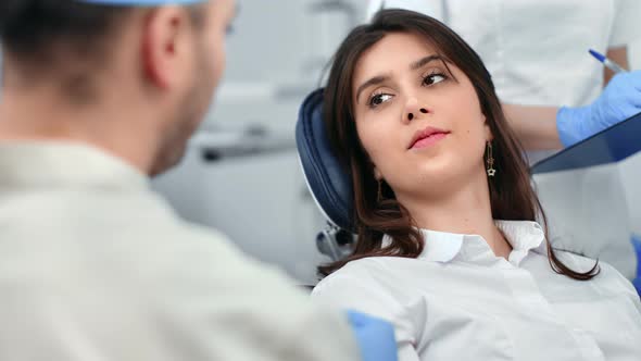 Closeup Smiling Female Patient Visit Stomatologist Consult Caries Toothache Treatment Medical Clinic alt