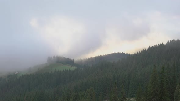 Thick Fog and Clouds over Forested Mountains