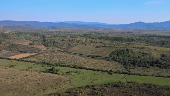 Aerial peaceful view with Europe natural autumn landscape countryside village alt