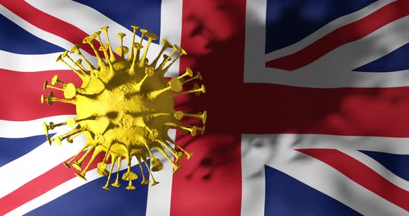 COVID-19 coronavirus cell rotating above UK Great britain England waving flag with shadow.