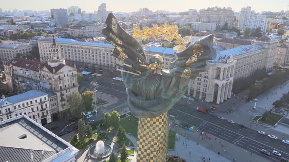 Monument in the Center of Kyiv, Ukraine. Maidan. Aerial View alt