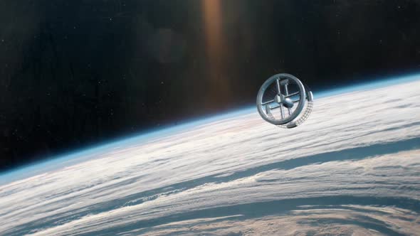 Rotating Space Station In Orbit Of Planet Earth
