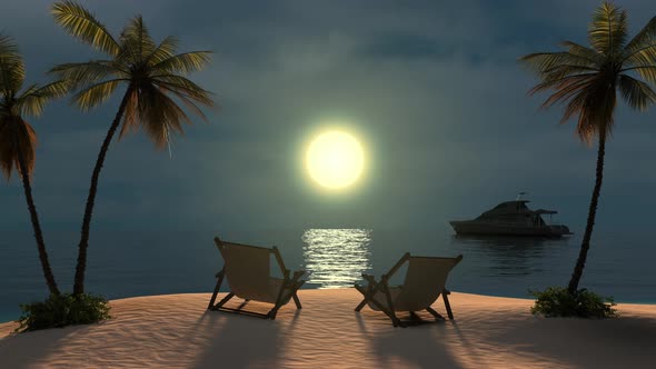 Sunset on a tropical island, sun loungers on the beach and palm trees.