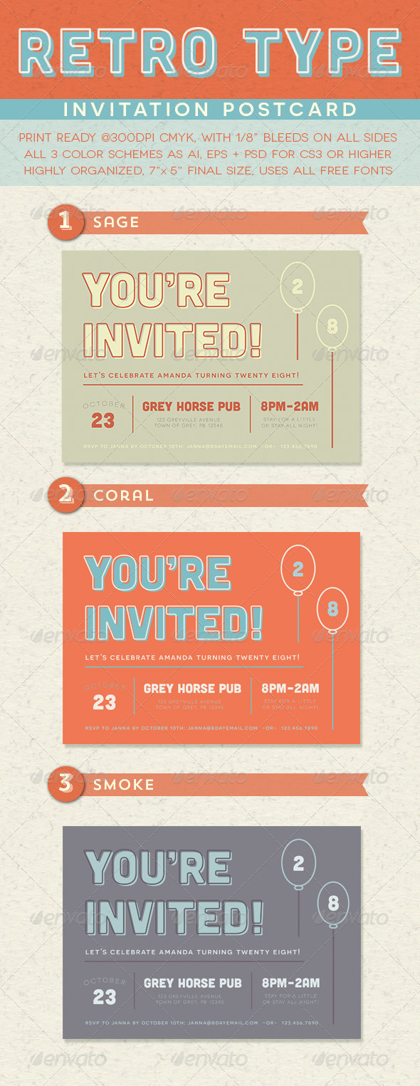 Retro Type Invitation Postcard - Invitations Cards & Invites