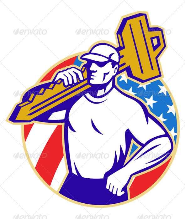 Locksmith Holding Key With American Flag - People Characters