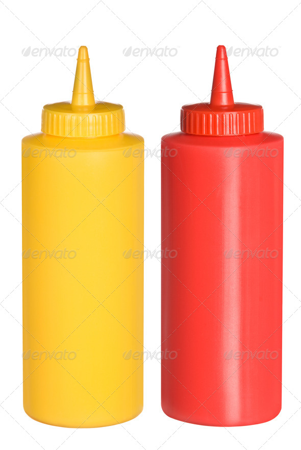 Ketchup and mustard squeeze bottles - Stock Photo - Images