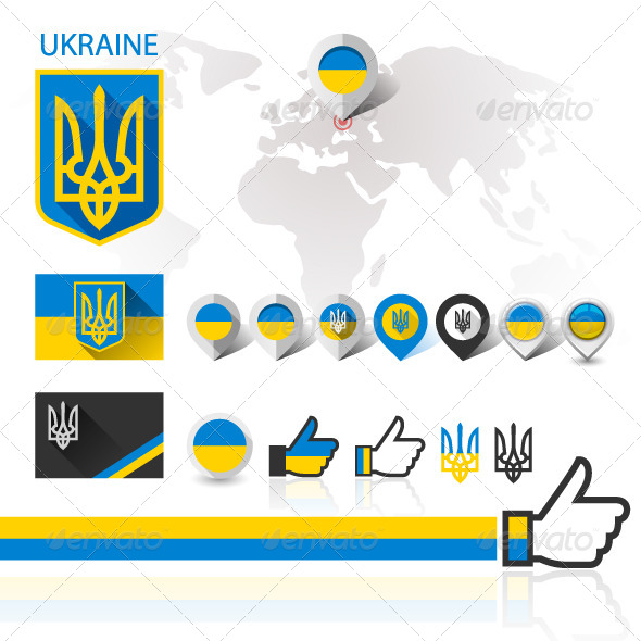 Flag and Coat of Arms Ukraine with World map - Vectors