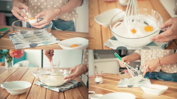 A Woman Mixing Egg Whites, Yolks and Flour To Make a Dough. alt