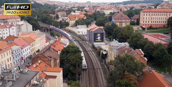 Passenger train pass over under the bridge in Prag