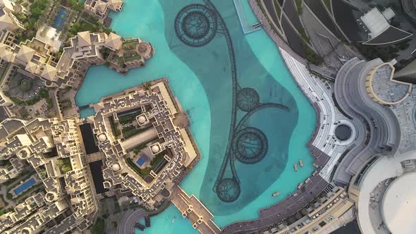 Aerial high-dynamic-range image above of the Dubai fountain, U.A.E. alt