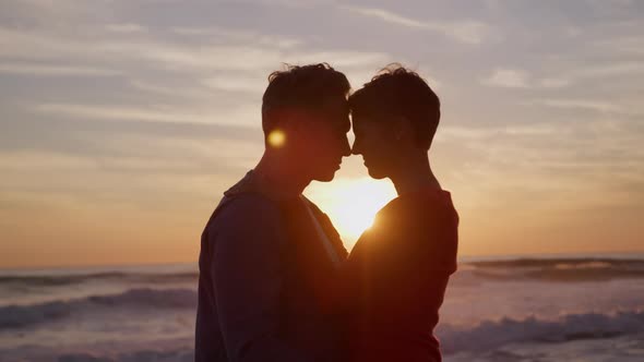 Couple touching foreheads by the sea during sunset alt