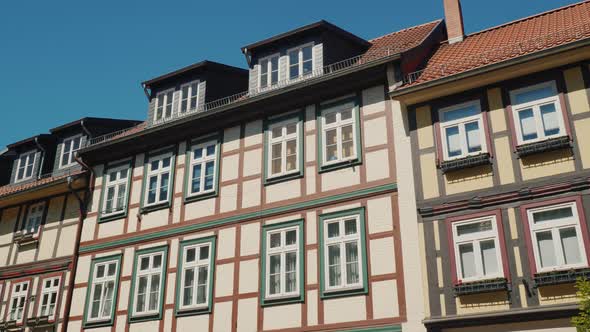 Recognizable Ancient Style of Construction - Facades of Typical German Houses. Steadicam Shot alt