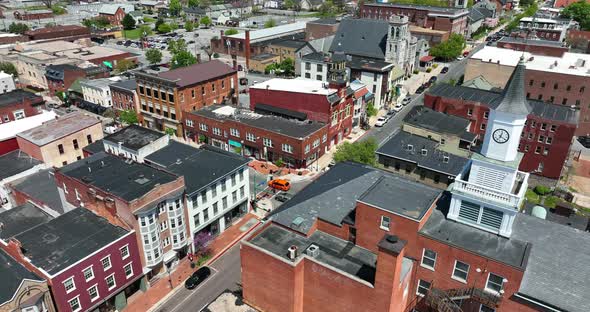 Downtown Hagerstown Maryland. Aerial establishing shot of historic buildings. alt