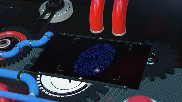 Animation 3D fingerprint scanning on the screen inside the moving gear mechanism.