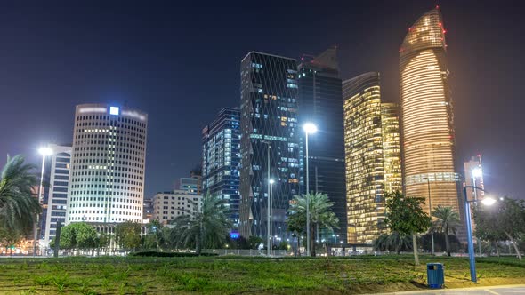 Skyscrapers in Abu Dhabi Skyline at Night Timelapse United Arab Emirates alt