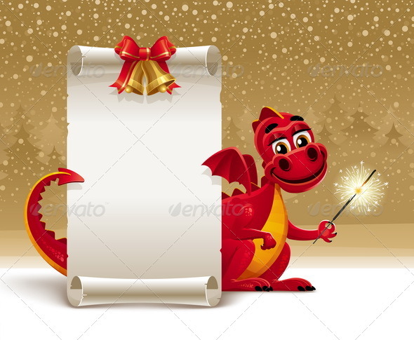 Red Dragon With a Sparkler and Paper Scroll - Characters Vectors