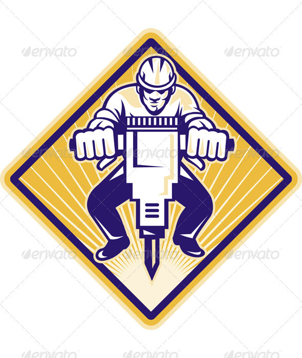 Construction Worker Drilling with Jack Hammer