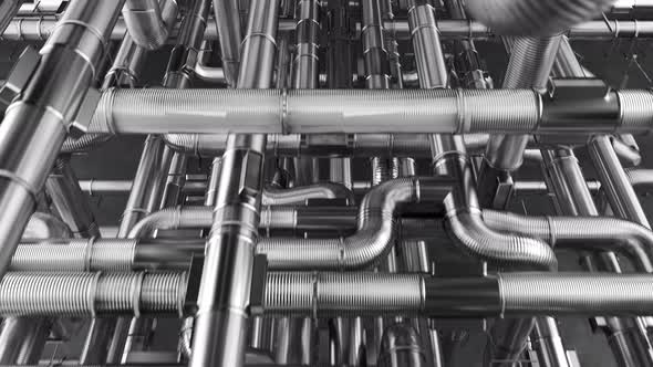 Loopable maze of clean pipes tangled together. Construction steel plumbing alt