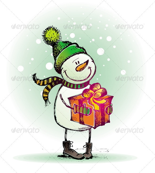 Hand Drawn Snowman With Gift - Christmas Seasons/Holidays