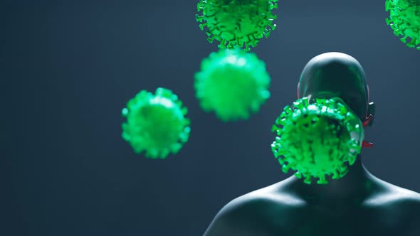 Wearing a mask to protect from attacking viruses. Concept of COVID protection. alt